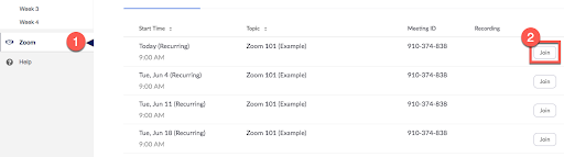 Courses Zoom Pro screen with options to Join a specific meeting session